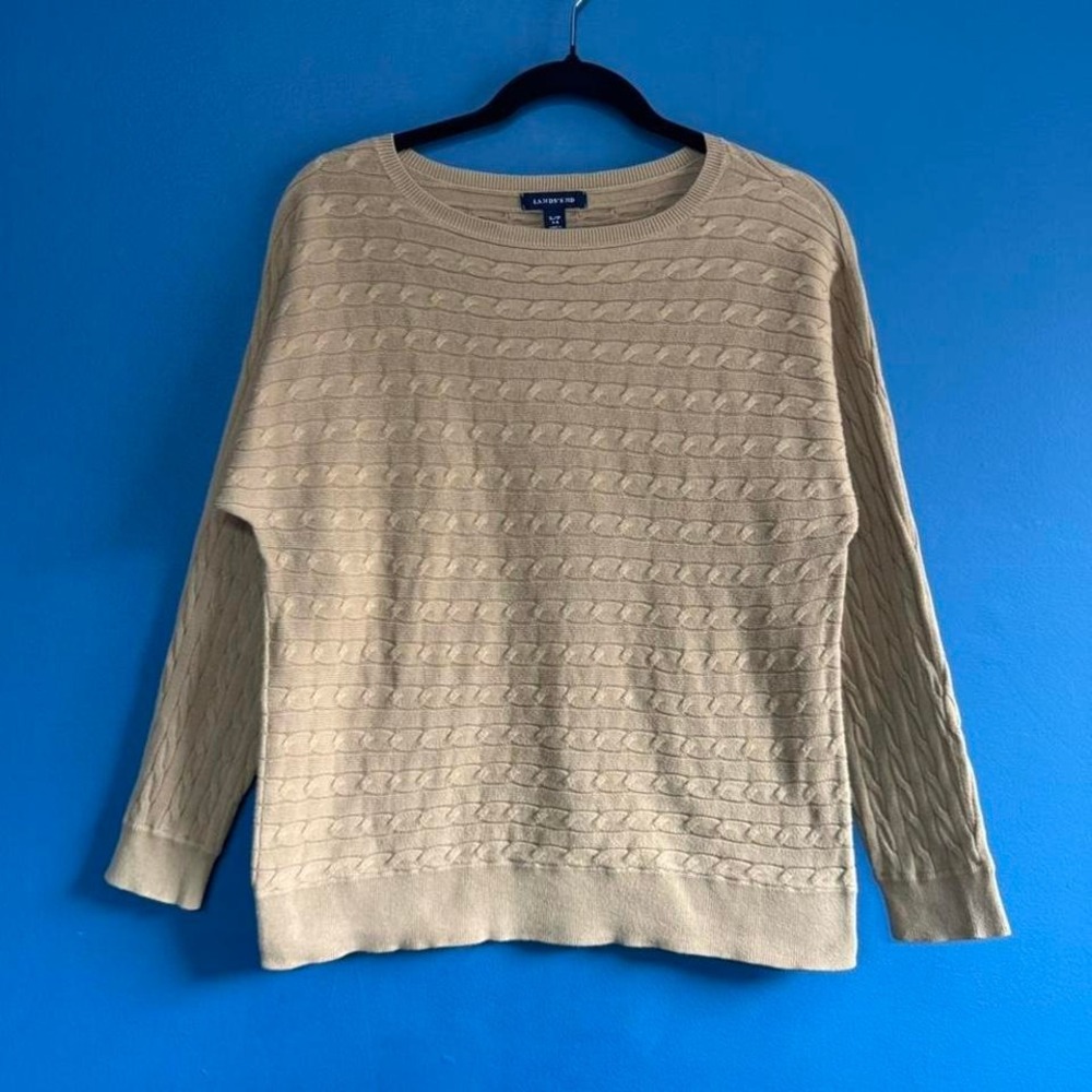 Lands End Brown Cable Knit Sweater Women's Size Small 100% Cotton Tan Classic